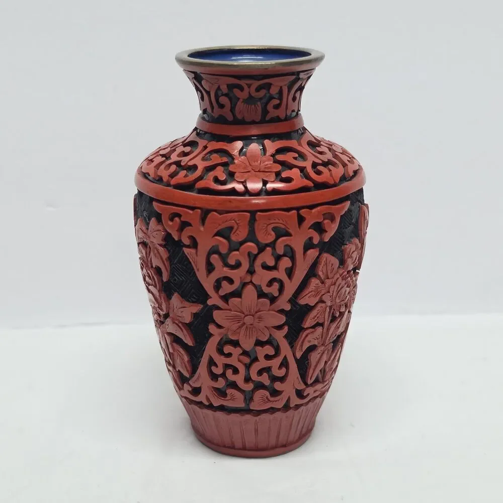 Vtg Chinese Red Cinnabar Fine Hand Carved Lacquer Brass Vase Enamel Floral 5”